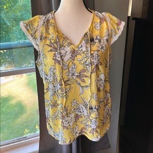 Tribal Yellow Flutter Sleeve Tie Front Blouse